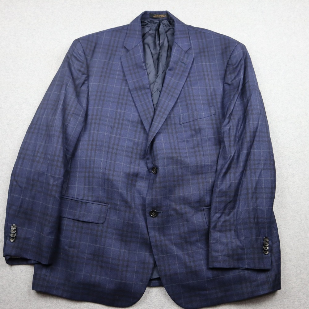Jos. A. Bank Wool Sport Coat Mens 48R Reserve Navy Blue Plaid Tailored Fit